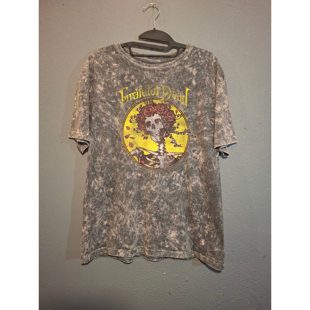 Grateful Dead Bertha Skull Roses Acid Wash Graphic T-Shirt Grey Rock Band Tee
